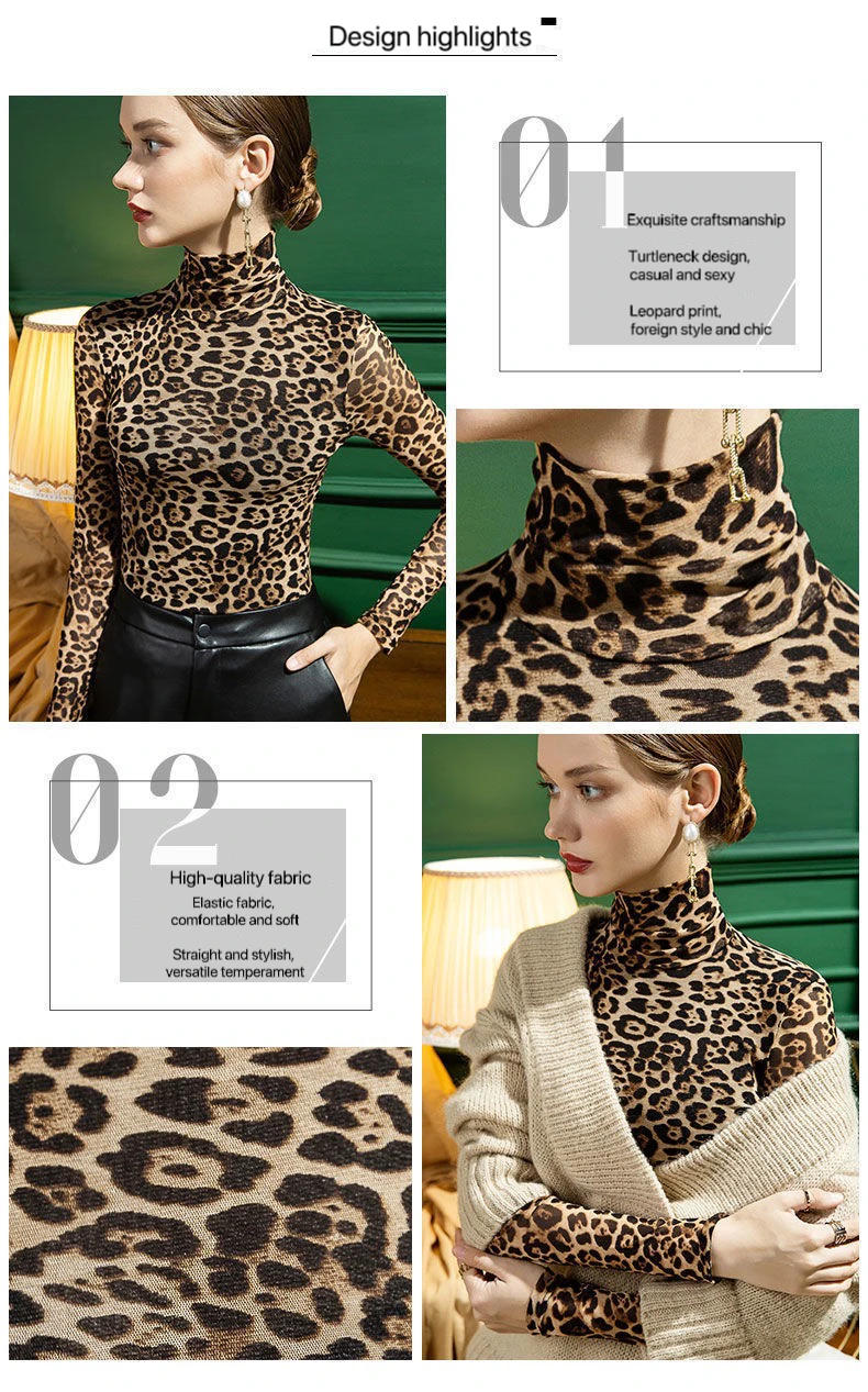 Description Picture 3 of item1pcs Women Autumn Leopard Print High Collar Mesh Long-sleeved Tops Lady Thermal Underwear Slim Fit Fashion New Style Thin Top
