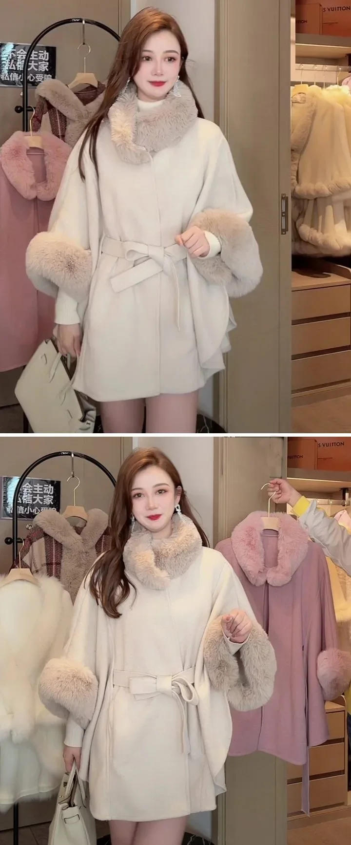 Description Picture 2 of item8 Colors Winter Streetwear Women Fake Woolen Big Pendulum Long Poncho Cloak Faux Rabbit Collar Fur Loose Oversize Coat With Belt