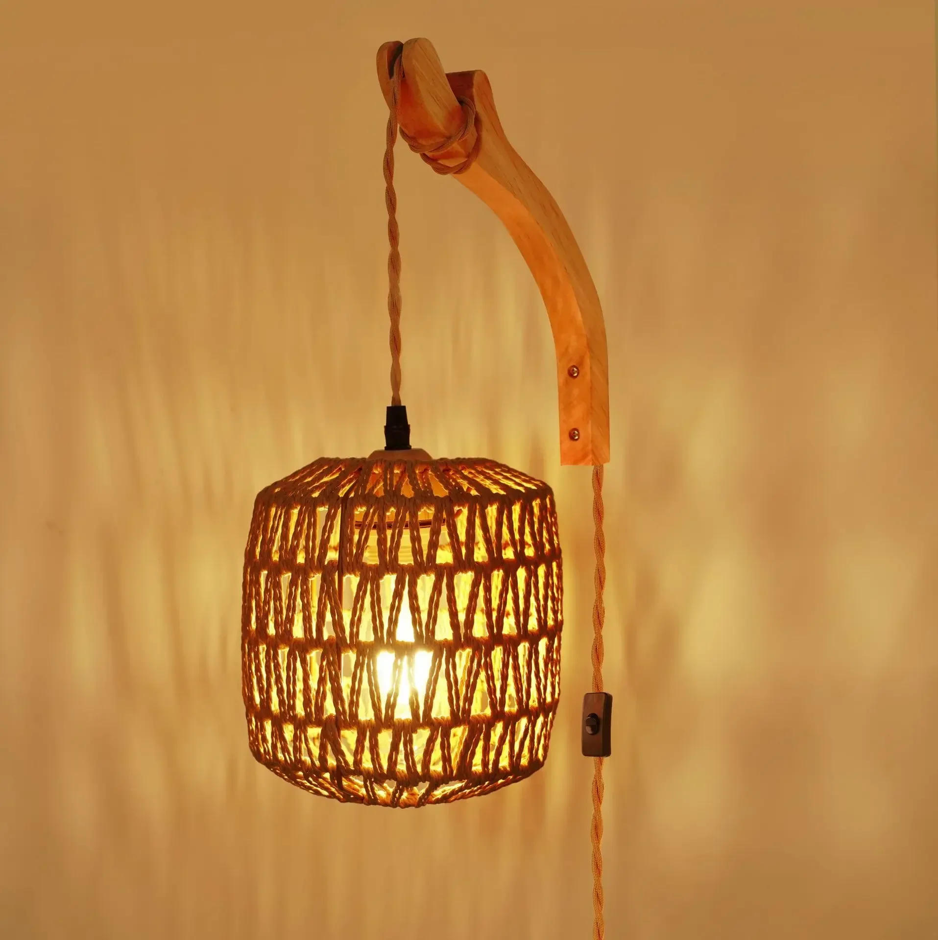 Description Picture 3 of itemBedside Wall Lamp American Hand-woven Paper Rope LEDLamp Indoor Entrance Bedside Lamp Button Switch Hemp Rope Chandelier bedroom