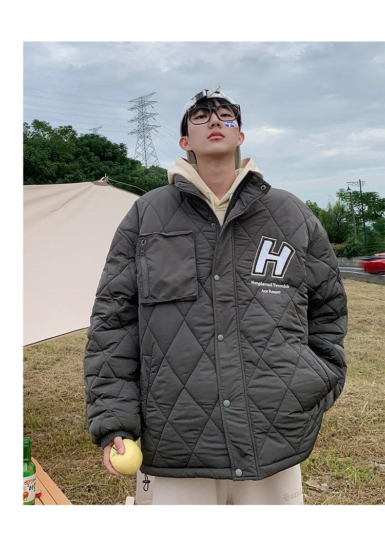 Description Picture 4 of itemPlaided Cotton Clothing Men's Winter Thick Warm Parkas Coat Rhombus Fashion Loose Stand-up Collar Parka Jacket Korean Sport Top