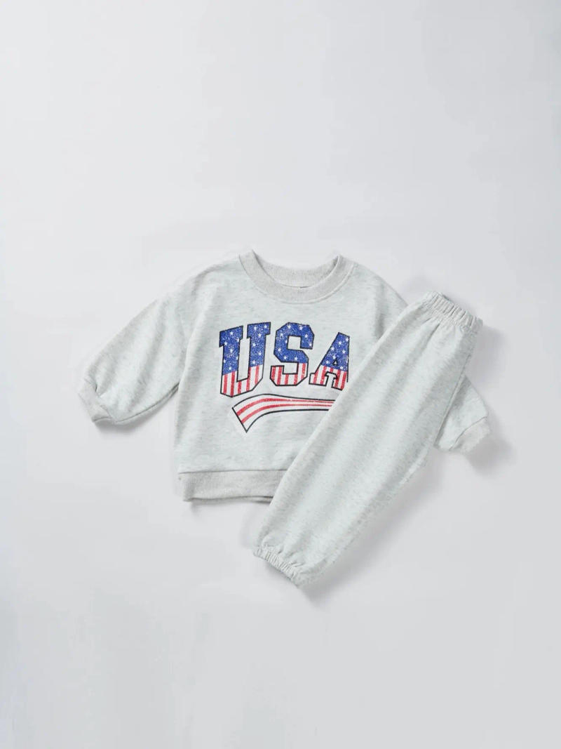 Description Picture 3 of item2025 New Baby Boys Girls Clothes Sport Clothing Tracksuit USA Printing Tshirt +shorts Clothes Toddler Clothing Sets