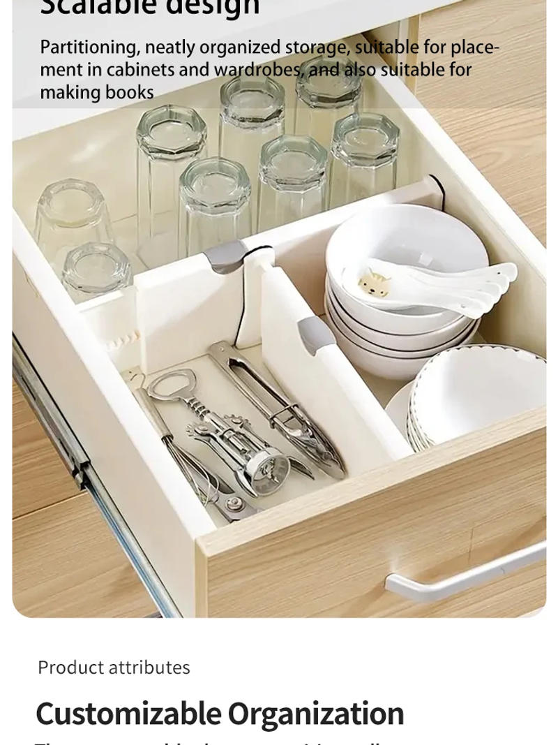 Description Picture 5 of itemAdjustable Extendable Plastic Drawer Divider Thickened Wardrobe Socks No Punching Storage Drawer Divider Kitchen Living Room