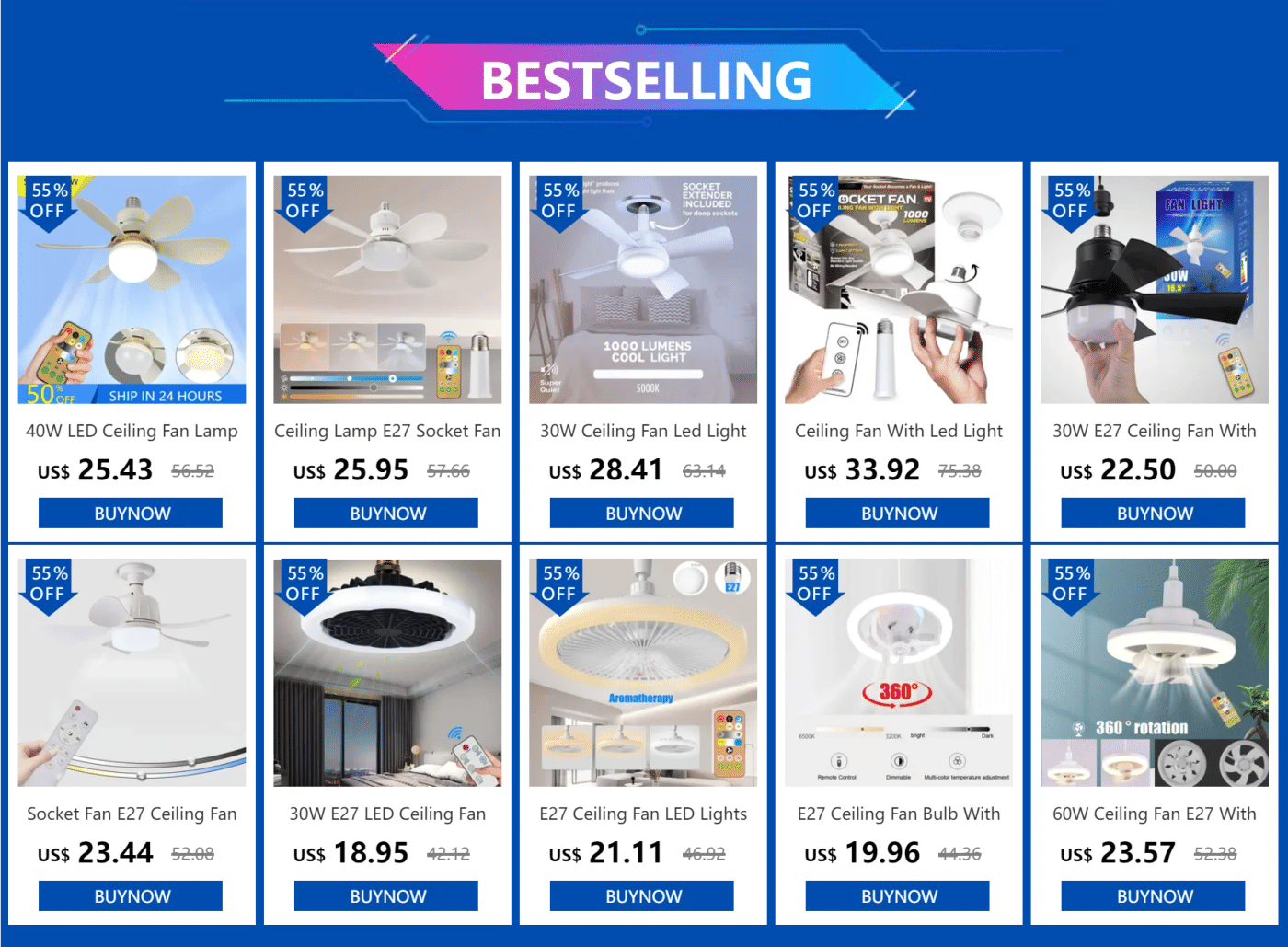Description Picture 2 of item30W Ceiling Fan Led Light E27 Socket Fan With Smart Remote Control 1000Lm 5000K Bulb Fan Lamp For Bedroom Living Room