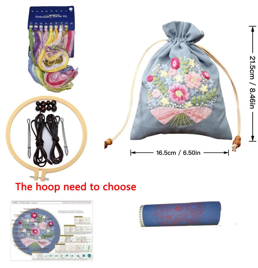 Description Picture 2 of itemEmbroidery Drawstring Bag Kits with Patterns, Needlepoint Sewing Handbag Kit for Beginners, Embroidery Start Kit