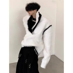 Vintage Plush Jumper For Men Winter V-neck Design Oversized Knit Sweater Trend Mens Clothing Couple Solid Sueteres Para Hombre