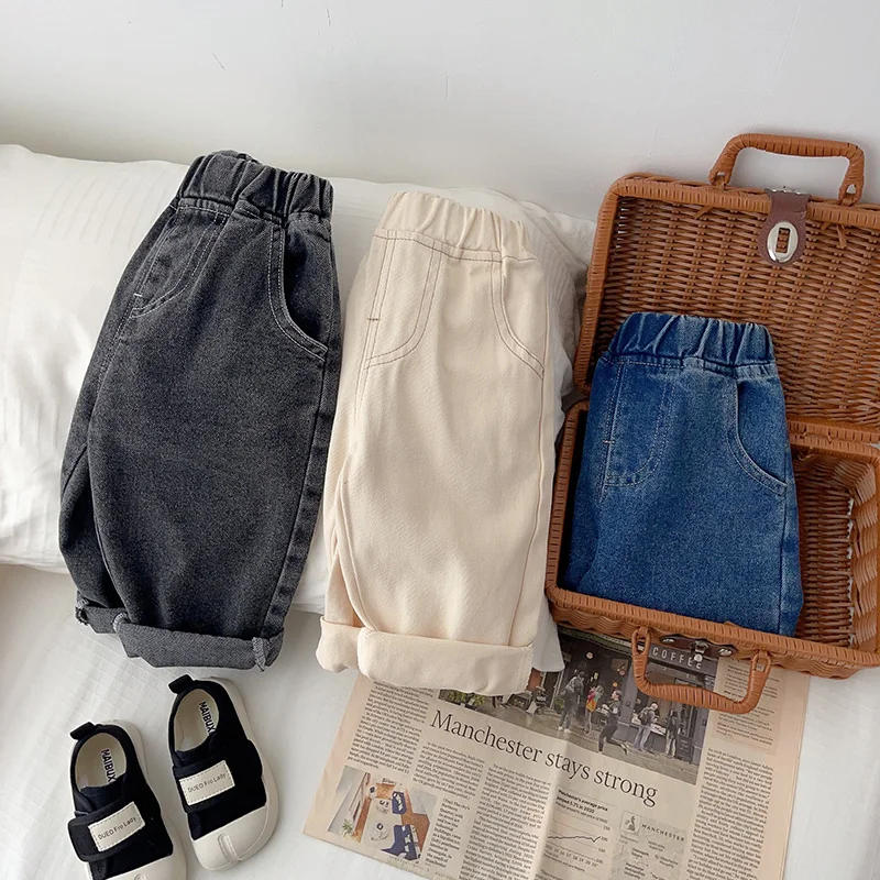 Description Picture 5 of item2024 new Baby Pants Solid Kids Jeans Casual Boys Denim Pants Soft Girls Fashion Trousers Children Denim Blue Pants