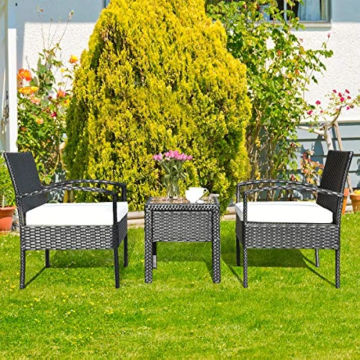 Tangkula AM0583HM 3 Piece Patio Furniture Set with 2 Cushioned Chairs & End Table, Black