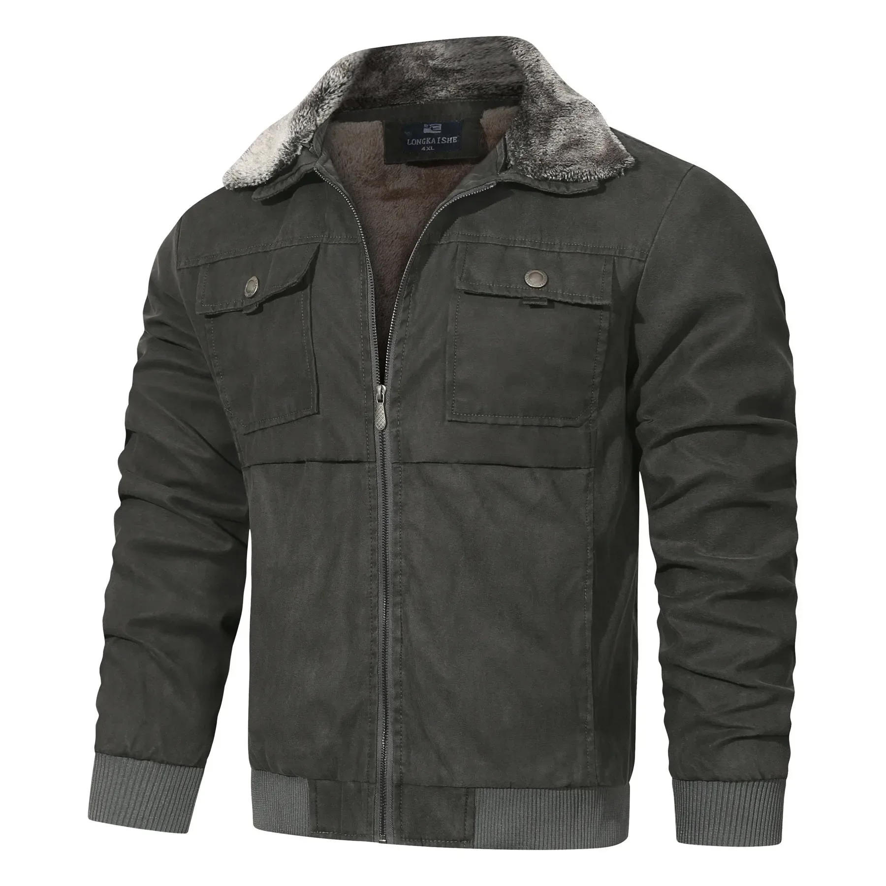 Description Picture 4 of itemWinter Men's Windproof Jackets Warm Plus Fleece Lapel Outcoats Men Loose Solid Color Military Jacket Men Thick Outdoor Clothing