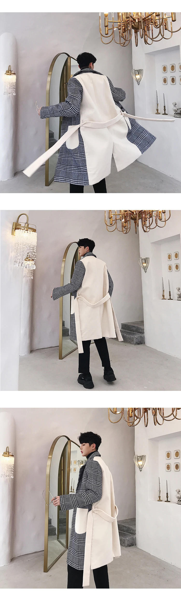 Description Picture 2 of itemMen's Thick Wool Blends Long Casual Top Plaid Coats Fashion Warm Coat Lapel Collar Overcoat Plus Size Male Slim Windbreaker H64