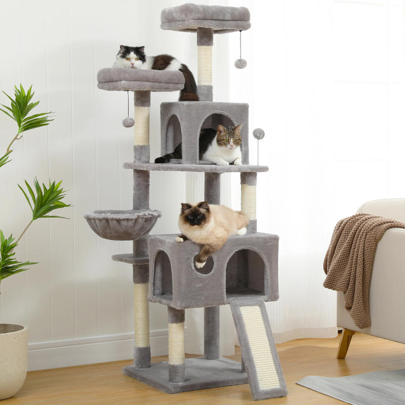 Description Picture 3 of itemFree Shipping  Multi-Level Cat Tree For Cats With Cozy Perches Stable Cat Climbing Frame Cat Scratch Board Toys Gray&Beige