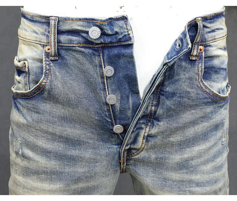 Description Picture 6 of itemHigh Street Fashion Men's Jeans Yellow Blue Vintage Split Colored Painted Jeans Designer Hip Hop Brand Tight Pants hombre