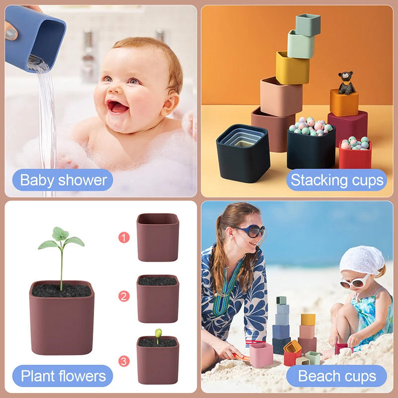 Description Picture 6 of itemSilicone Building Block Baby Silicone Teether BPA Free Stacking Cups Hourglass Toys Plastic Stacked Cups Baby Educational Toys