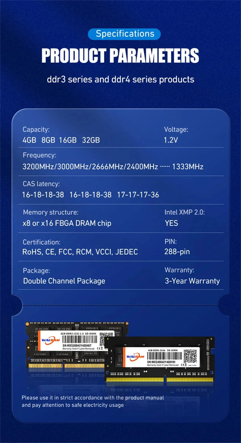 Description Picture 3 of itemWALRAM DDR4 Memoria Ram 8GB 4GB 2666MHz 3200MHz Sodimm Laptop DDR 4 PC4-21333S 1.2V 260Pin High Performance Notebook Memory Rams