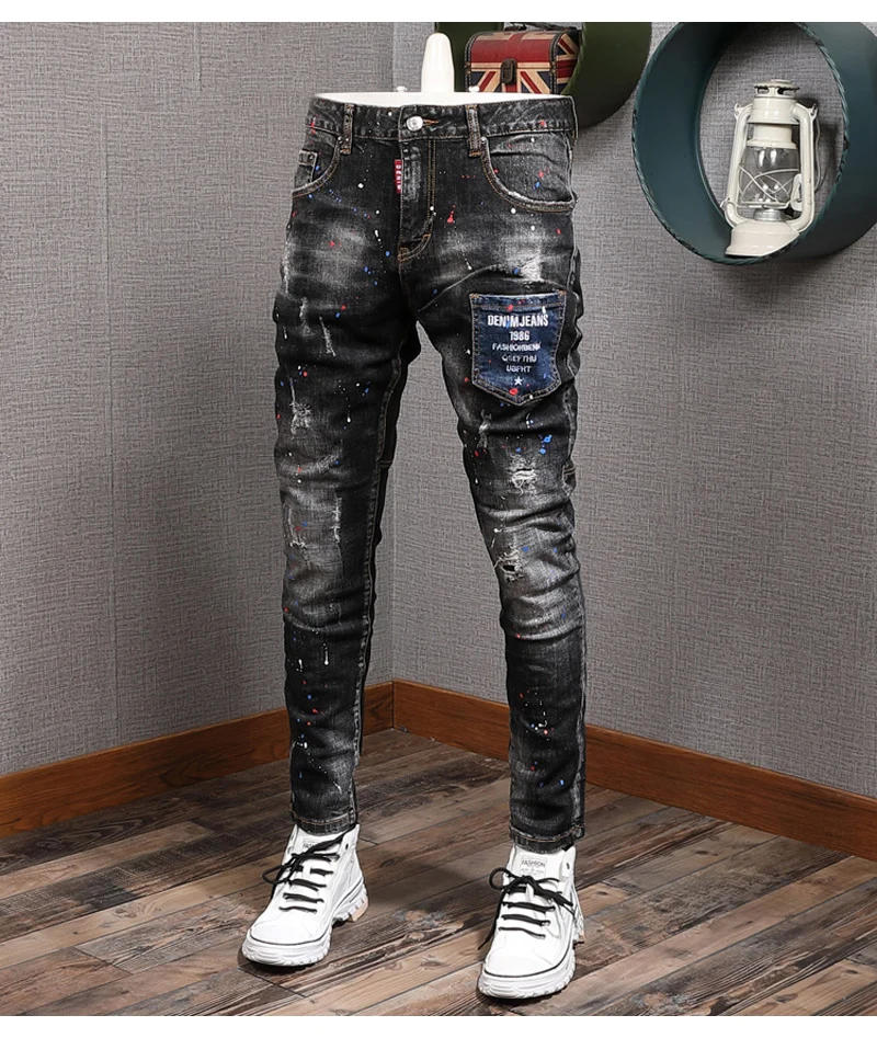Description Picture 4 of itemStreet Fashion Men's Jeans Vintage Black Gray Elastic Slim Fit Split Jeans Multi Pocket Designer Painted Vintage Black Gray Jean