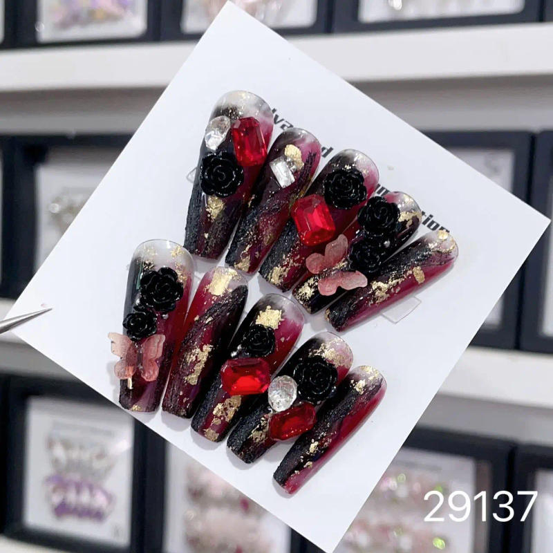 Description Picture 4 of itemHandmade Y2k Press on Nails Goth Style Black and Red Halloween Fake Nails with Design Full Cover Long Coffin Acrylic Nail Tips