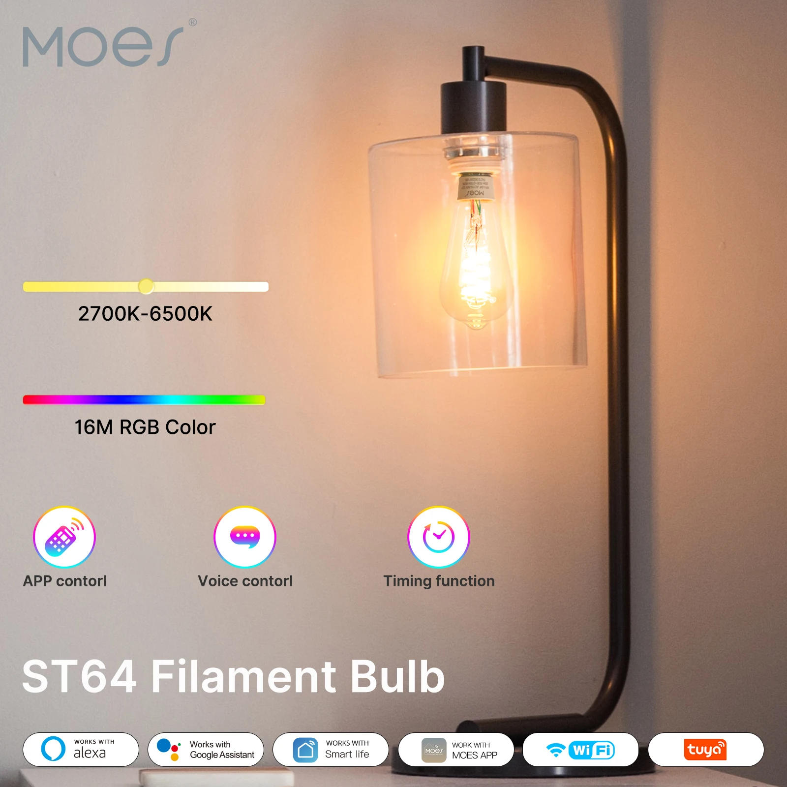 Description Picture 3 of itemMOES Tuya WiFi Smart ST64 Edison LED Light Bulbs 16 Million RGB Color Changing 2700K-6500K Dimmable Work with Alexa/Google Home