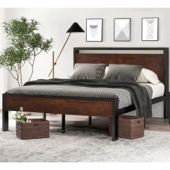 14 Inch Queen Size Metal Platform Bed Frame with Wooden Headboard and Footboard, Mattress Foundation, No Box Spring N