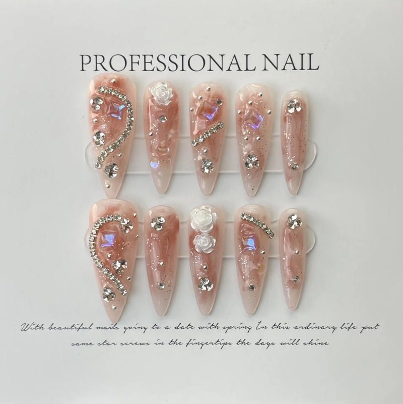 Description Picture 2 of item10Pcs Handmade Nails Set Press on Long Almond False Nail with Rhinestone Pink Camellia Design Reusable Full Cover Fake Nail Tips