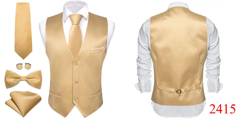 Description Picture 6 of itemElegant custom Vest for Men Pink Solid Satin Waistcoat Tie Bowtie Hanky Set Sleeveless Jacket Wedding Formal Male Gilet Suit