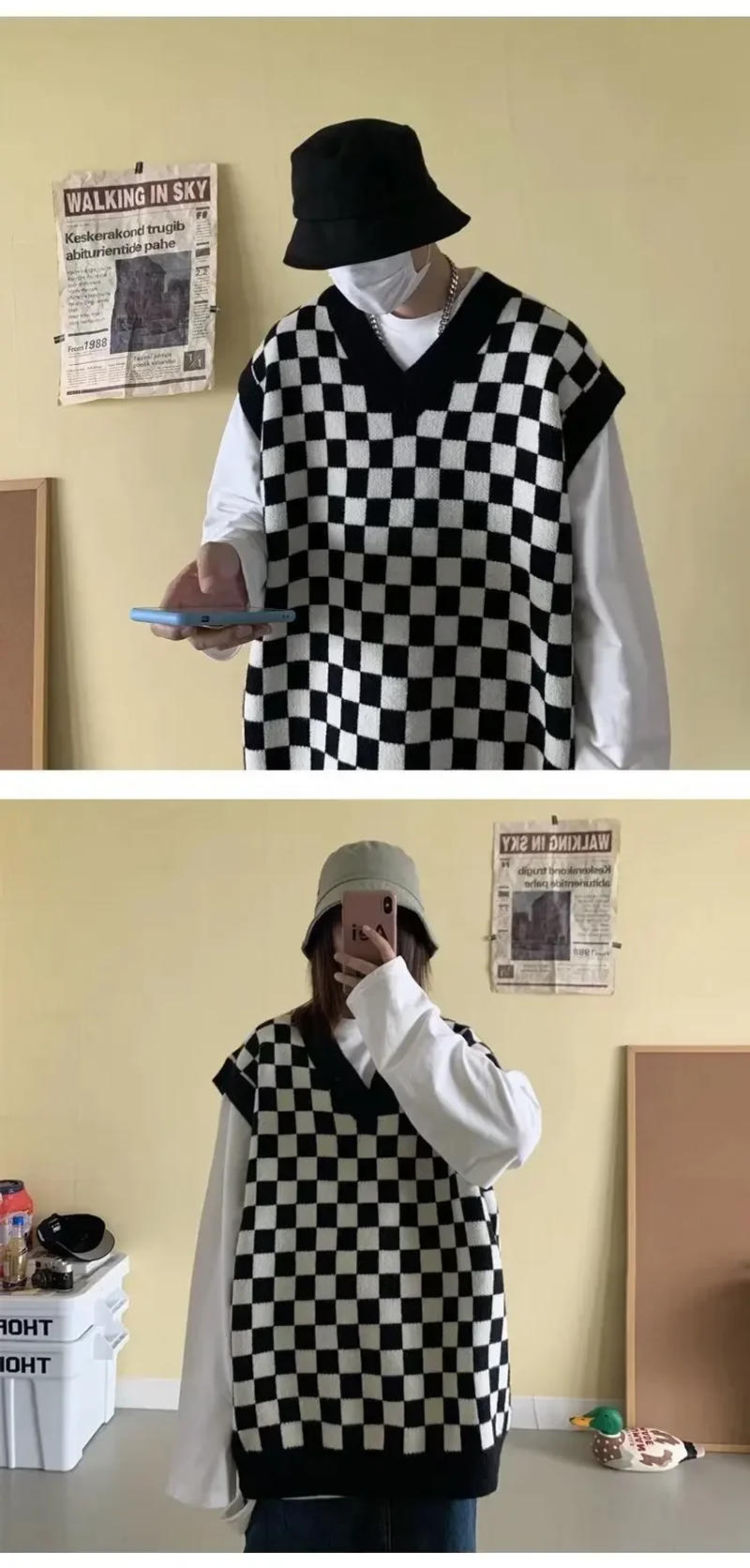 Description Picture 5 of itemTw Cross-border Men's Wear Couple Style V-neck Plaid Loose-fit Sweatvest Knit Vest Casual Scene Sleeveless Pullovers