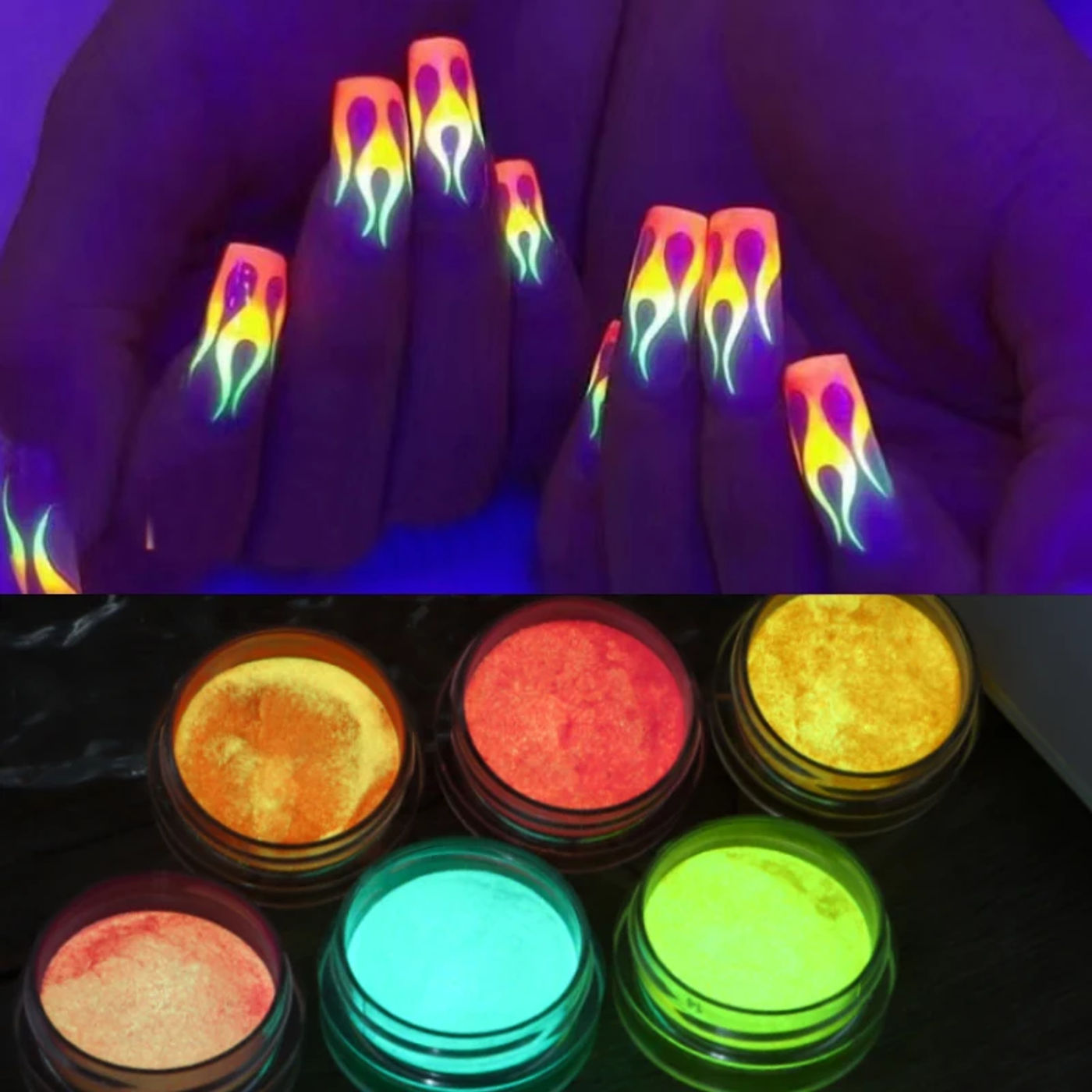 Description Picture 3 of item6PCS/SET Luminous Nail Glitter Powder Glow In The Dark Green Orange Neon Pigment Dust Fluorescence Luminescent Manicure Decor