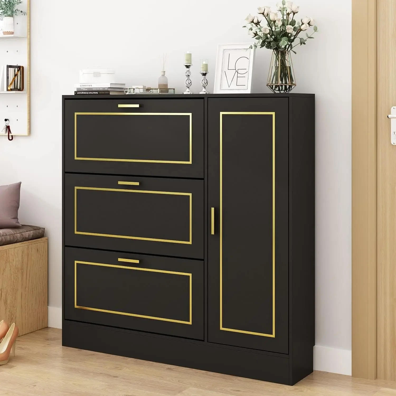 Description Picture 5 of itemShoe Storage Cabinet with 3 Flip Drawers & Locker, Wood Shoe Cabinet for Entryway, for Hallway Black and Gold
