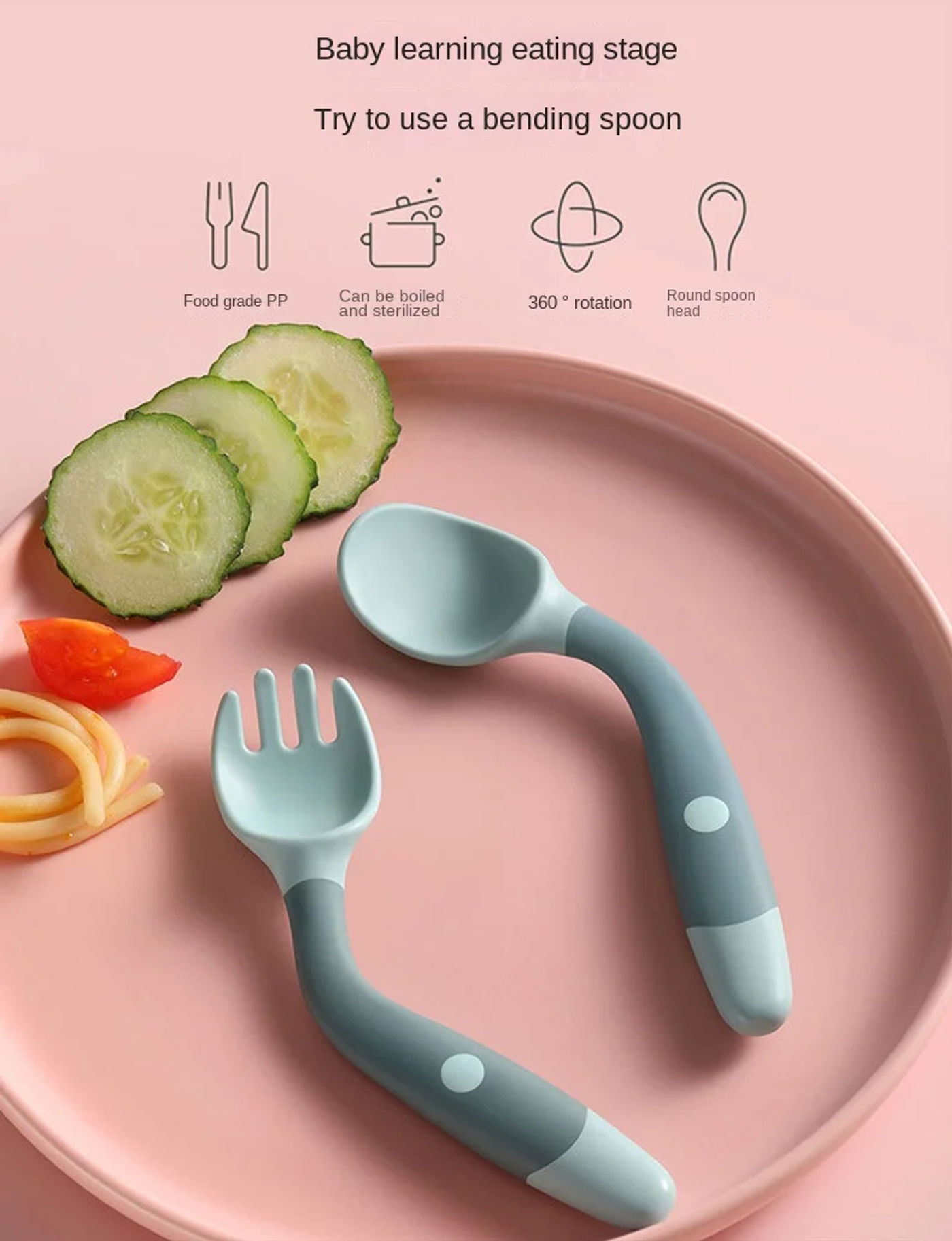 Description Picture 2 of itemBaby Children Spoon Fork Set Soft Bendable Silicone Scoop Fork Kit Tableware Toddler Training Feeding Cutlery Utensil
