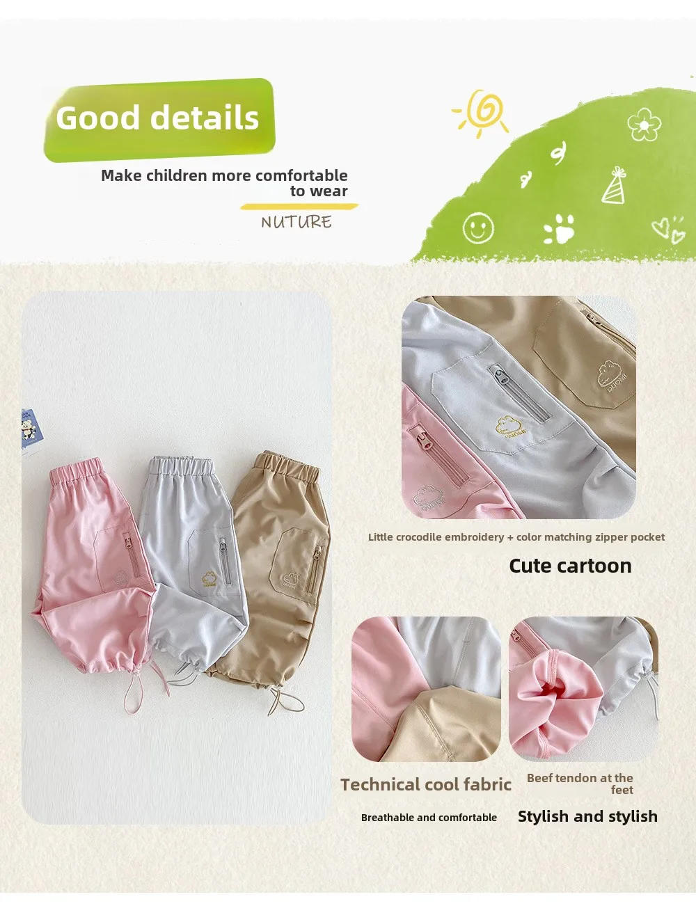 Description Picture 2 of itemChildren's Cool Work Pants 2025 New Summer Girls' Solid Color Breathable Casual Pants Boys' Korean Version Cartoon Pants