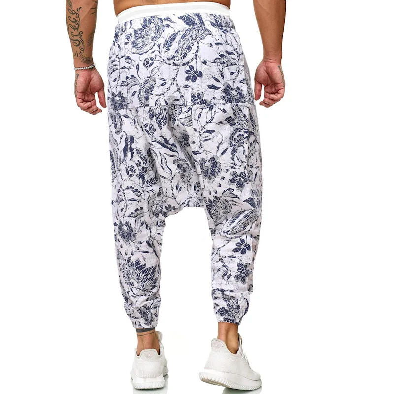 Description Picture 4 of itemMen‘s Printed Cotton Linen Harem Pants Vintage Hip Hop Baggy Wide Leg Pants Streetwear Boho Trousers