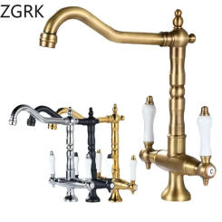 Faucet for Kitchen Dual Handle Antique Brass Retro Faucet 360 Degree Rotation Kitchen Sink Taps Deck Mounted Bathroom Sink Mixer