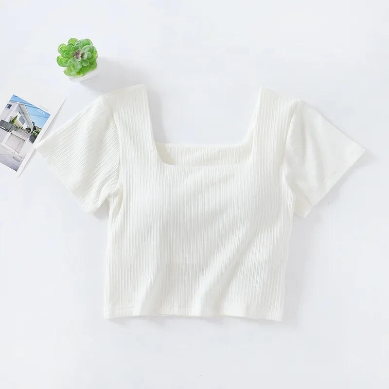 Description Picture 6 of item2024 New Women's Short Sleeve Tank Tops With Chest Pad Summer One Piece Casual Square Neck Crop Top With Built In Bra T-shirt