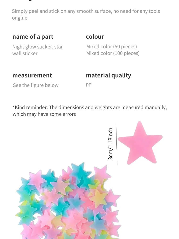 Description Picture 6 of item50/250Pcs Luminous Star Stickers Background Wall Decoration Bedroom Glow Stickers Fluorescent Stereo Wall Stickers Room Decor