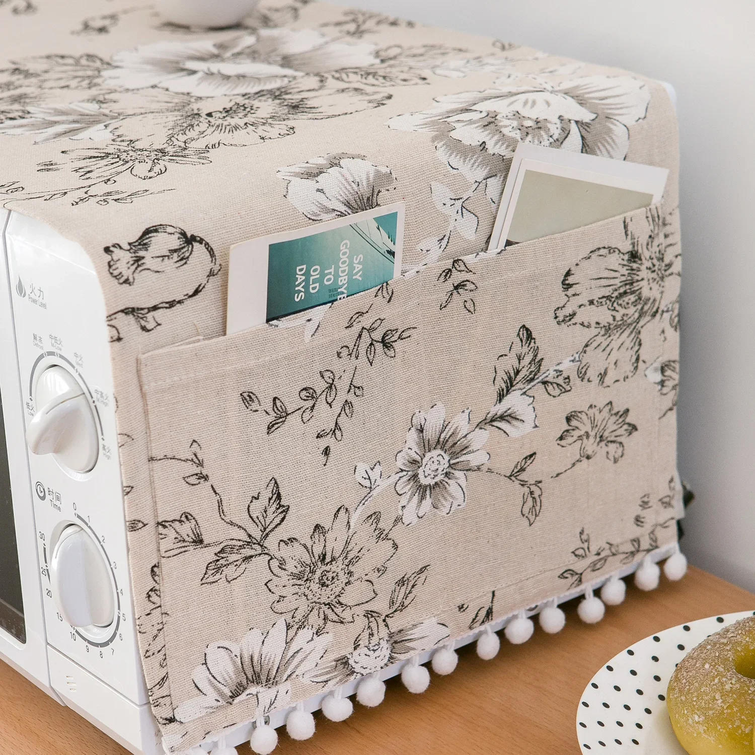 Description Picture 5 of itemMicrowave oven cover, cotton linen, black, pink, storage bag, Double Pockets, dust cover, kitchen accessories