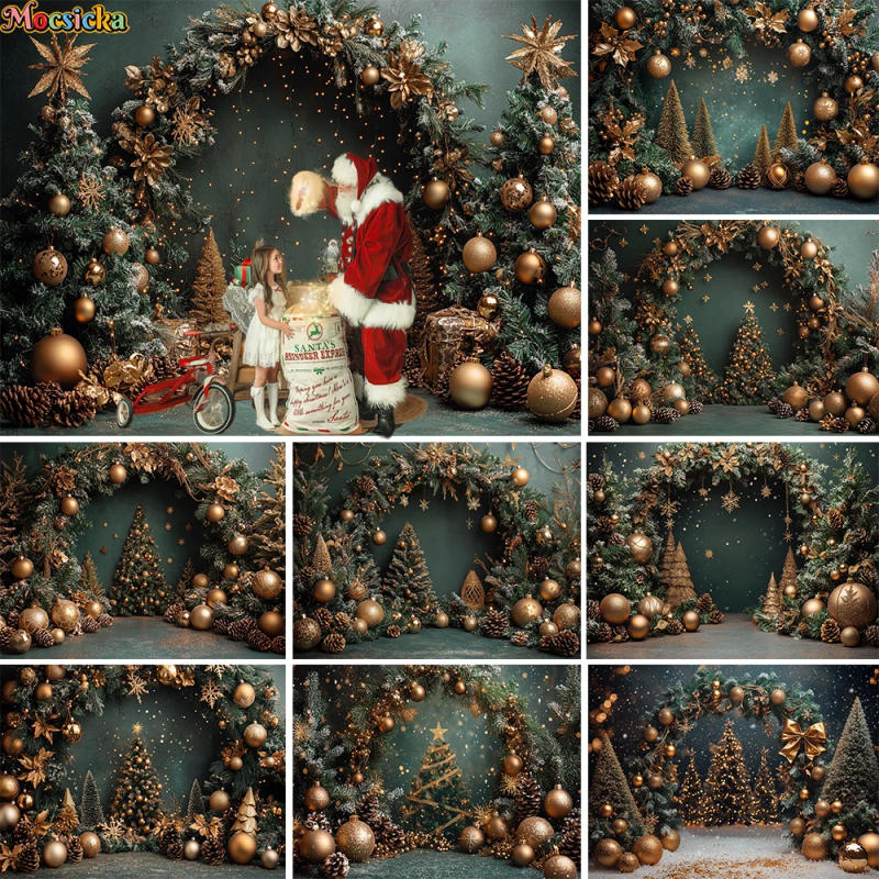 Description Picture 2 of itemChristmas Tree Forest Background Photography Gold Xmas Balls Arch Wreath Door Green Backdrop Kid Santa Claus Winter Photo Studio