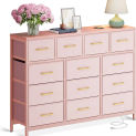 Long Dresser with 3 Outlets and 2 USB Charging Ports Chest of Drawers Easy-Pull Fabric Dresser for Bedroom