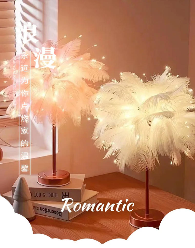 Description Picture 2 of itemCreative Feather Table Lamp with Remote Control USB Power Bedroom Desk Lamp Tree Feather Lampshade Night Light for Birthday