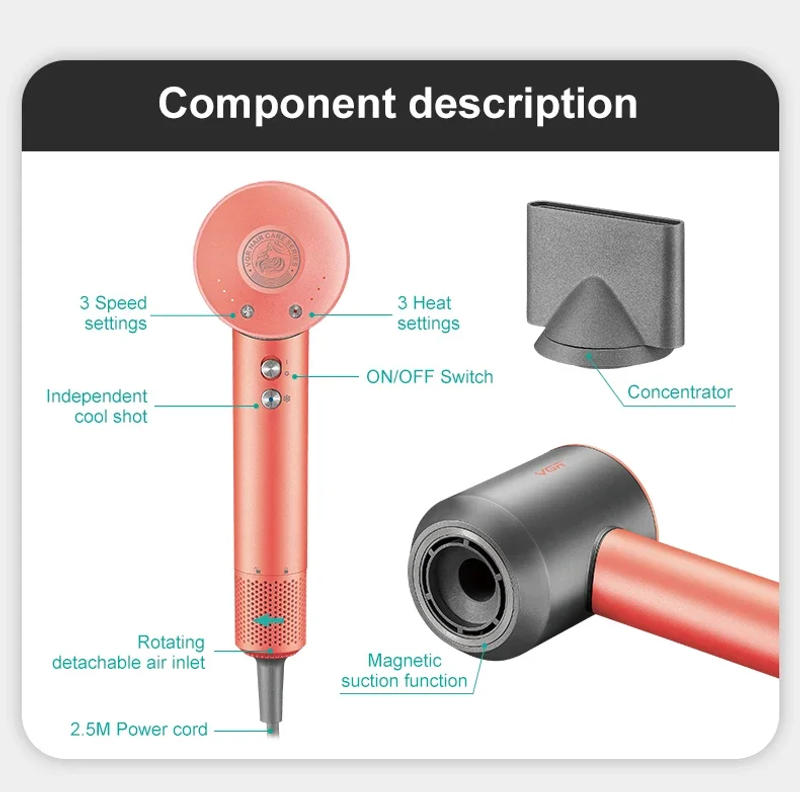 Description Picture 4 of itemVGR Hair Dryer Professional Blow Dryer 110000 RPM Negative Ion Air Blower Adjustable Heat Finishing Hair Dryer Women V-440