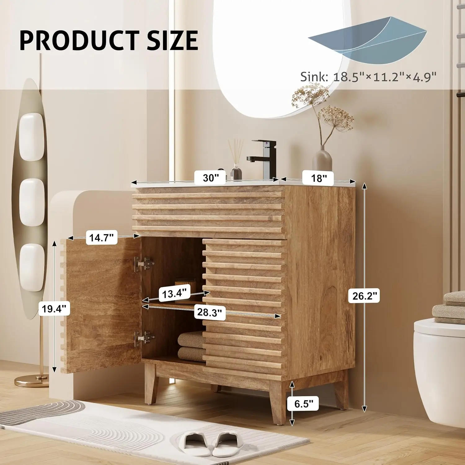 Description Picture 3 of itemBathroom Vanity with Sink Combo Mid-Century Floor Cabinet Set with Wood Stripes, Adjustable Shelf, Undermount Sink