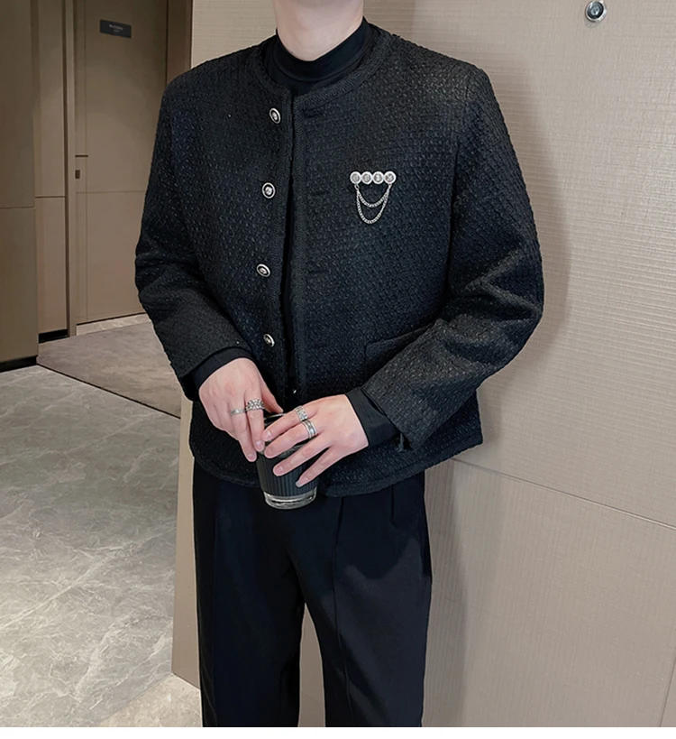 Description Picture 3 of item2023 Autumn Winter Men's Woolen Jacket Fashion Loose Round Neck Woven Jacket Male Casual Business Social Streetwear Overcoat