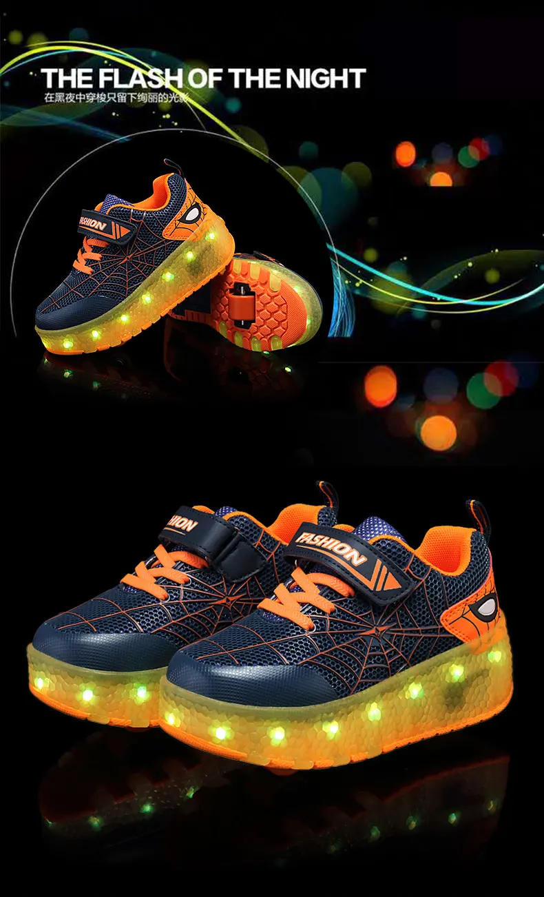 Description Picture 5 of itemKid Sneakers Spider Cartoon Mesh Usb Charge Luminous Shoes Outdoor Sport Roller Skates Child Skate Shoes Boys Girls Casual Shoes