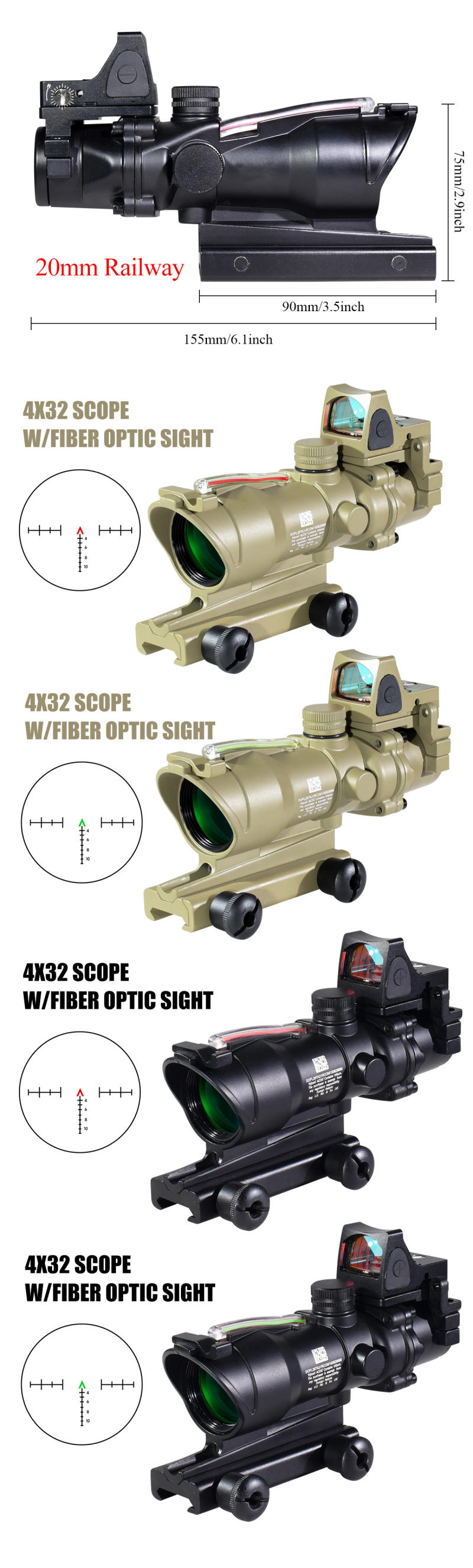Description Picture 3 of item4X32 Sight with Red Dot Real Fiber Optics Red Green Dot Illuminated RifleScope Etched Reticle Hunting Sight Scope for 20mm Rail