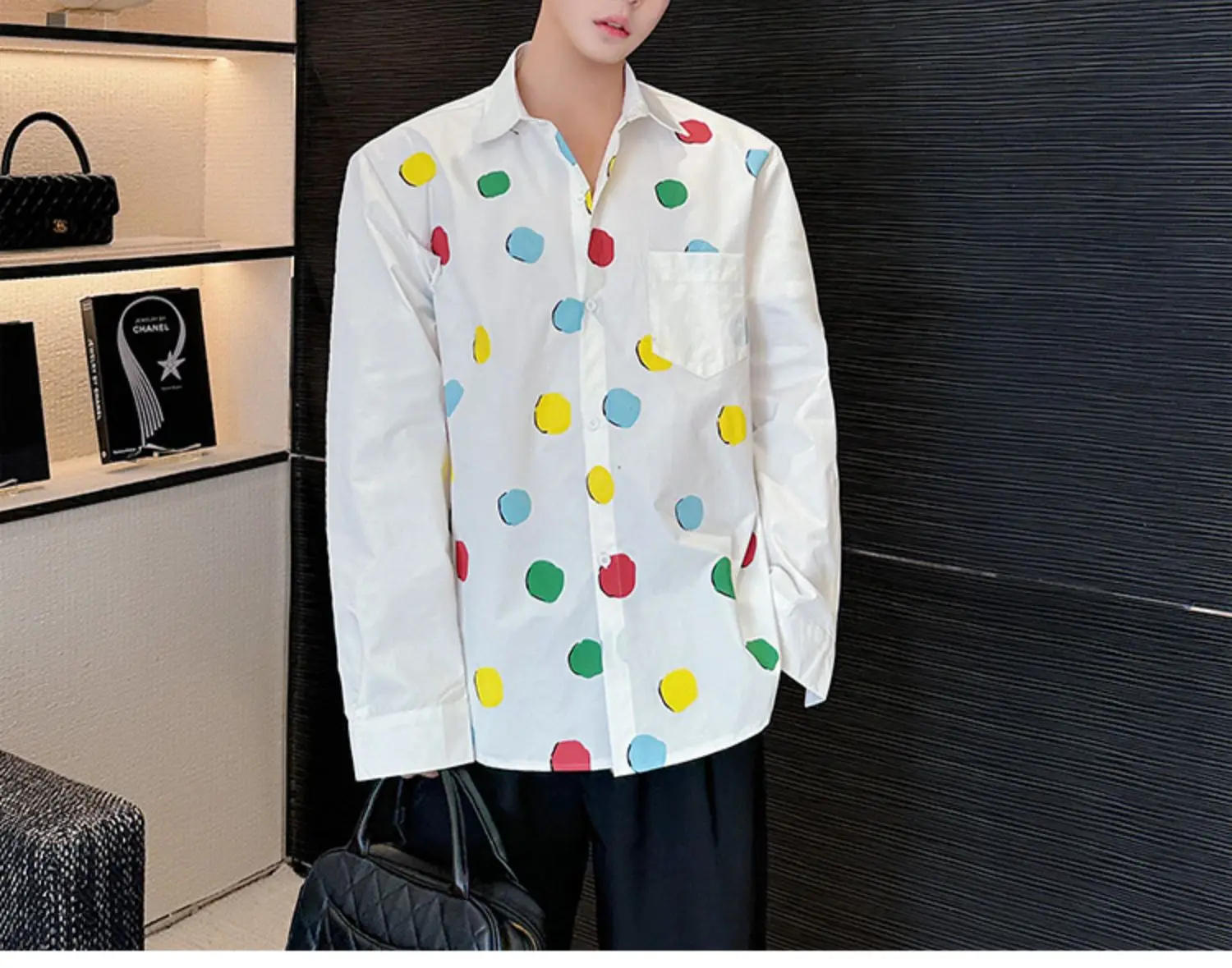Description Picture 5 of itemCasual Shirts Men Multicolour Dots Korean Streetwear Fashion Loose Long Sleeve Party Dress Shirts Blouses Man Clothes