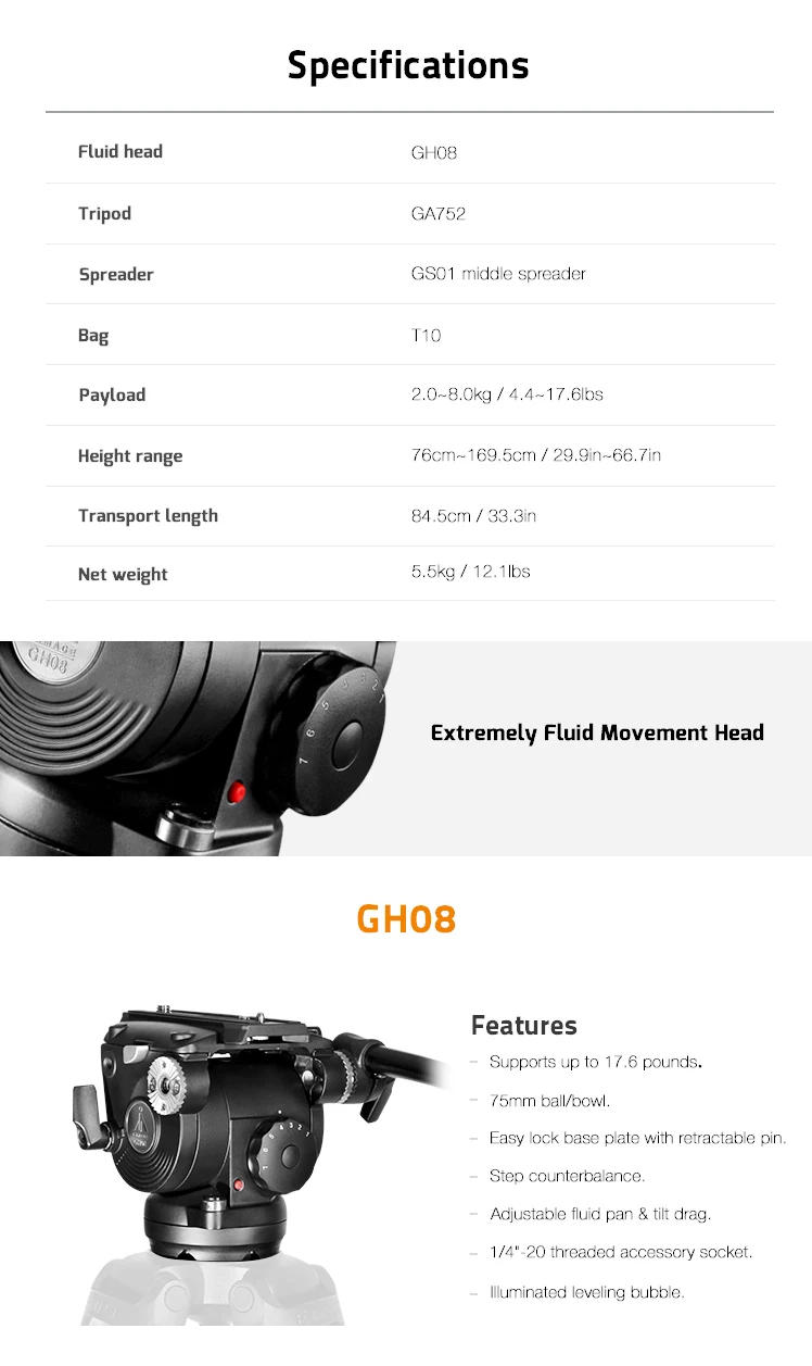 Description Picture 3 of itemE-Image EG08A2 2-Stage Aluminum Tripod System with GH08 Fluid Head (75mm)