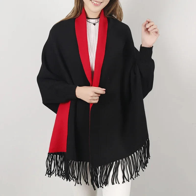 Description Picture 6 of item23 Colors Women Street Wear Cloak Loose Cape Overcoat Winter Knitted Warm Poncho Long Sleeve Cardigan Vintage Tassel Shawl Coat
