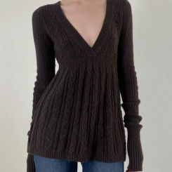 Cuteandpsycho Solid Vintage Knitted Sweaters Long Sleeves Aesthetic Slim Basics Loose Hem Clothes Casual Brown Pull Tops