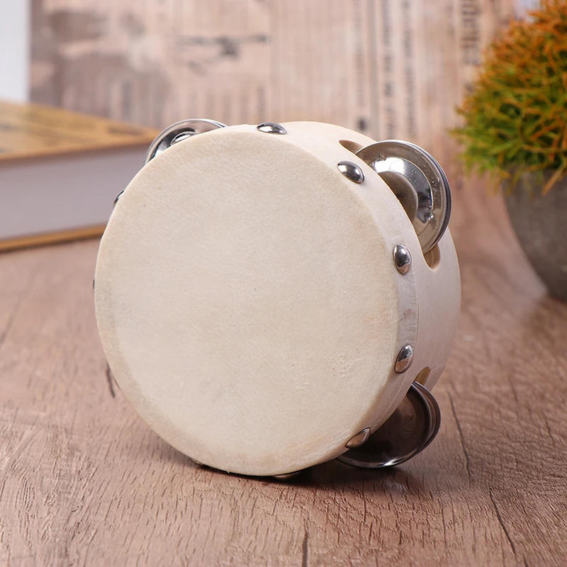 Description Picture 2 of item4 Inch Hand Held Tambourine With Metal Single Row Jingles Sheepskin Drum Skin Wooden Tambourines Entertainment Musical Toy