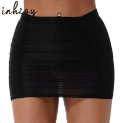See Through Stretchy Shirring Miniskirt Women Elastic Mid Waist Ruched Skirt Bodycon Skinny Pencil Skirt Party Nightclub Wear