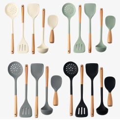5pcs Silicone Kitchen Utensils Set Wooden Handle Non-stick Spatula Cookware Set Fried Shovel Leaky Spoon Rice Spoon Kitchen Tool