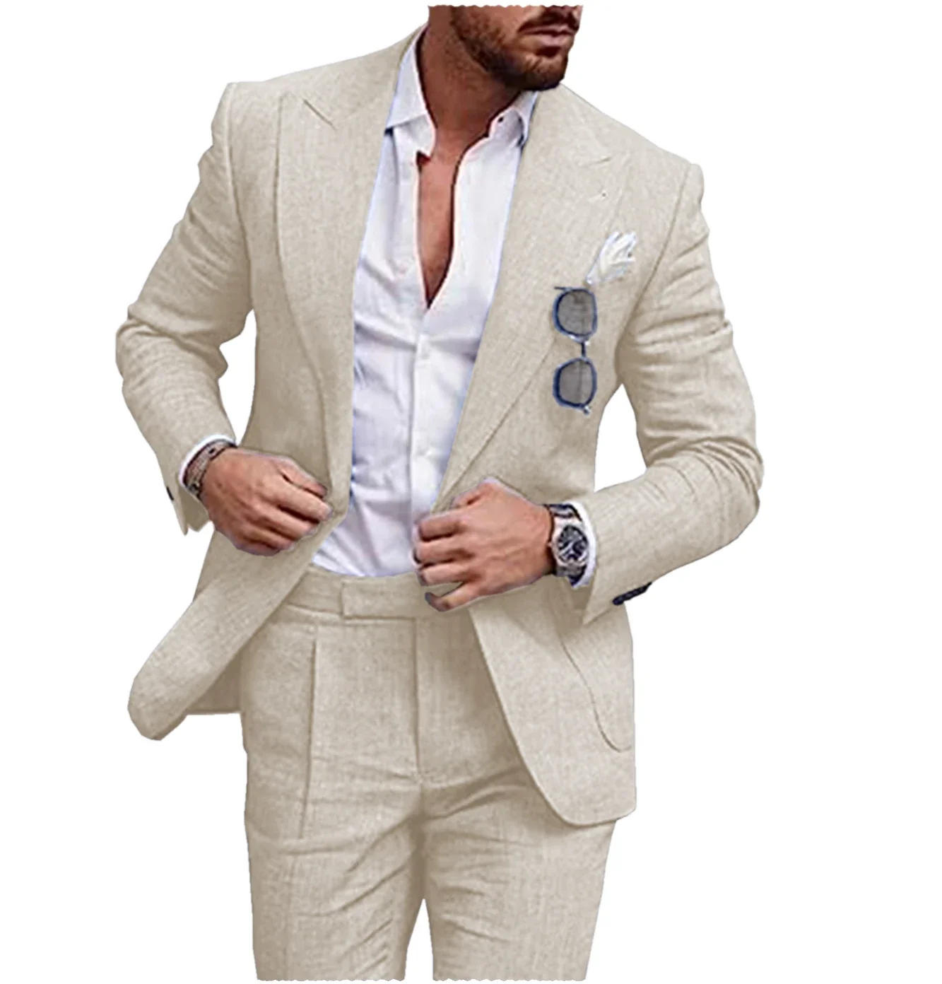 Description Picture 4 of itemHigh-quality Summer Linen Solid Color Men's 2 Pieces (Jacket+Pants) Regular Fit Casual Fashion Set