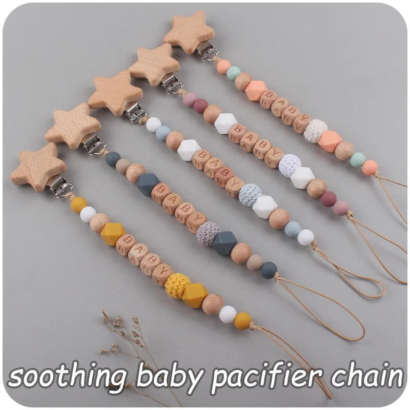 Description Picture 2 of itemBaby Pacifier Clips Handmade Wood Soother Chew Teethers Toys Dummy Safe Silicone Teething Pacifier Chains Gift